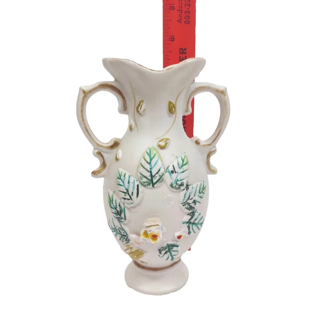 Vintage Bisque Porcelain Handled Raised Flower Vase 7